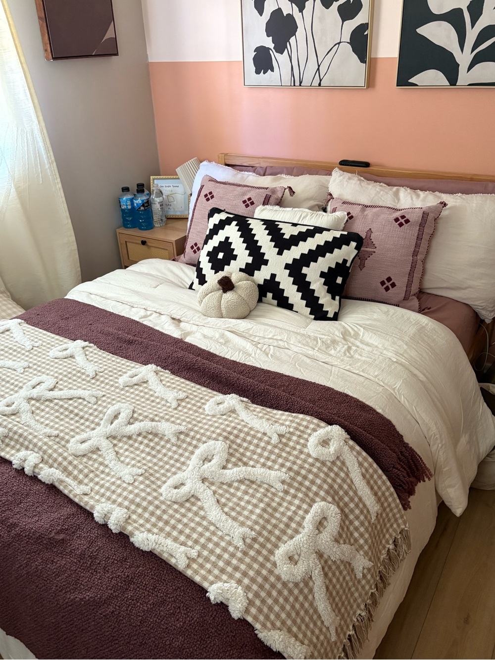 Cream and Checkered White Bow Throw Blanket- Non Smoking No Pet Household